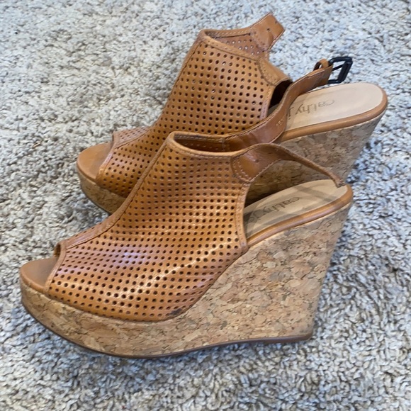 CATHY JEAN LEATHER BROWN WEDGES SIZE 6 - Picture 4 of 5